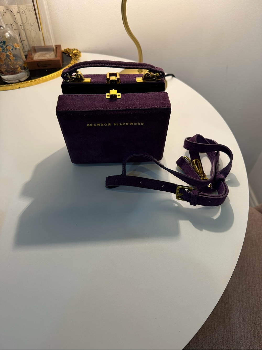 Brandon Blackwood Deep Purple Suede Top Handle Box Bag with Gold Hardware